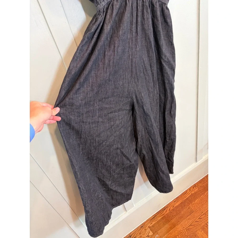 World Market Denim Jumpsuit Wide Leg Flowy Dark Wash V-Neck Boho Blue SM